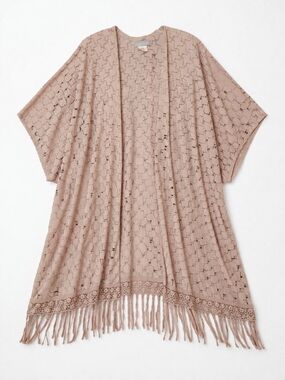 Lake Shore Drive Boho Lace Kimono Duster Fringe Hem Blush Pink One Size